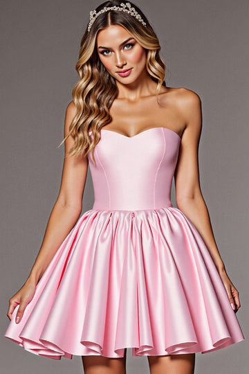 A Line Strapless Pink Satin Short Prom Dress With Bow
